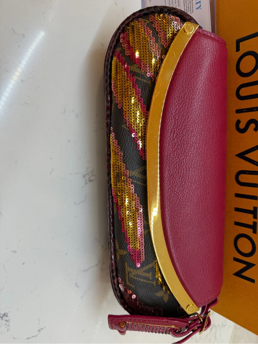 Louis Vuitton Magenta pink Sequin-Embellished Monogram Clutch with python Trim. - Picture 2 of 13